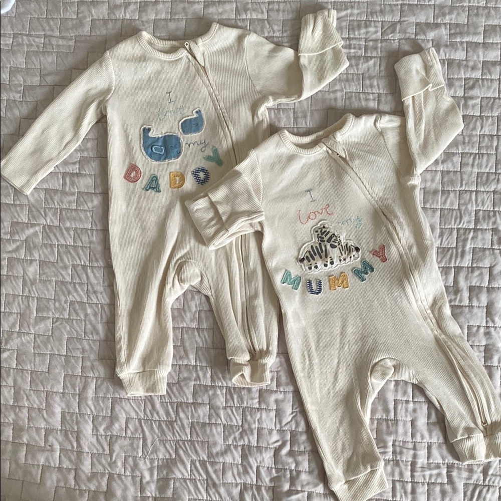 Marks & Spencer Cream Baby Footies with Pastel 'Mummy' and 'Daddy' Appliqués